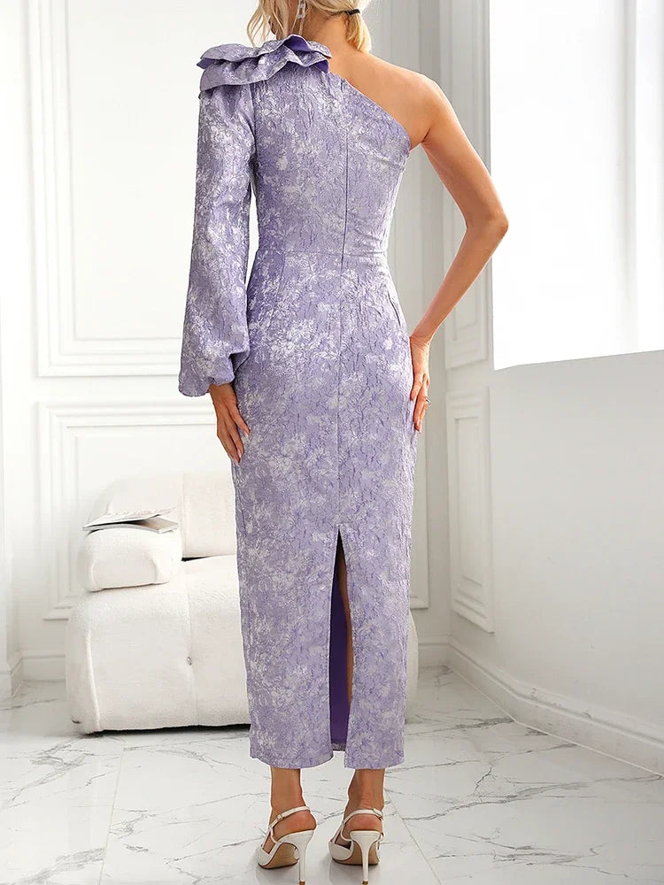 New One Shoulder Gaxy Long Slim Dress Women Purple Long Sleeve Ruffles Design Dresses Runway Celebrity Party Gowns