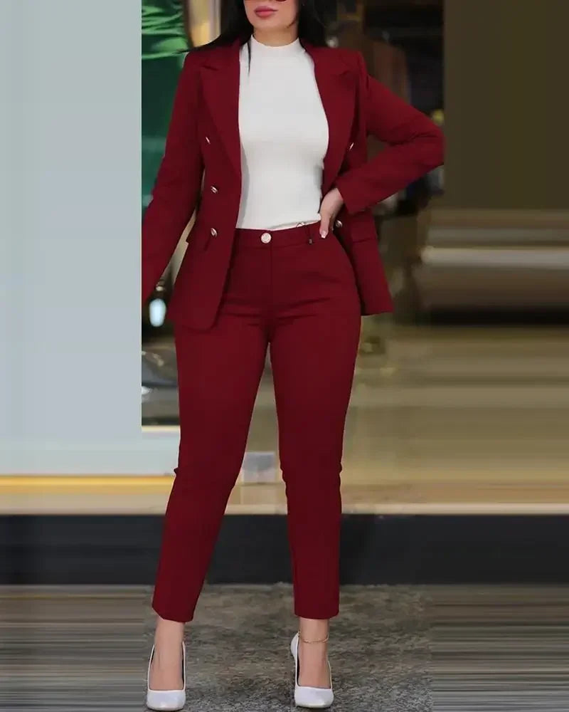 Maxy Women's Formal Office Pant Sets 2PCS Double Breasted Solid Blazers Jacket and Pants Two Pieces Set Female Pant Suits