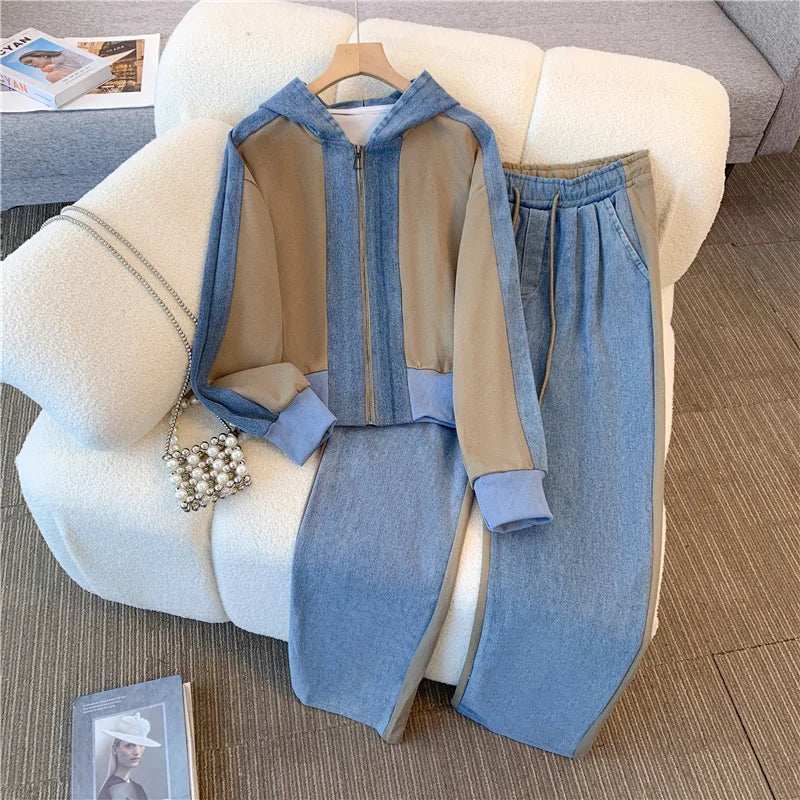 Vintage Denim Coat Pants Women 2 Piece Set Hooded Long Sleeve Single-breasted Jacket Female Suit 2024 Office Lady Commute Outfit