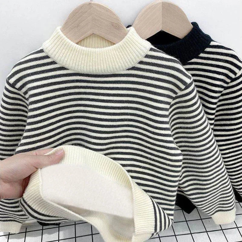 Maxy Boys Padded Sweater Autumn Winter Children's Fleece Striped Knitted Jumper Kids Warm Bottom Shirt Toddler Pullover Clothes