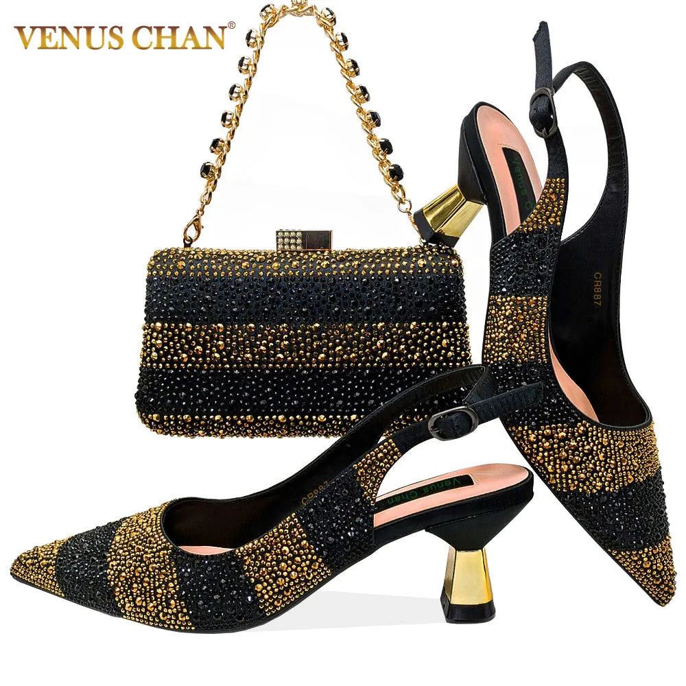 Venus Chan Italian Design Rhinestone-encrusted Ladies Party Shoes And Special Bag High Heels And Dual Purpose Bag Women's Shoes