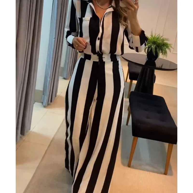 Maxy European and American Autumn Leisure Fashion Black and White Striped Button Pocket Design Shirt Wide Leg Pants Two-Piece Set