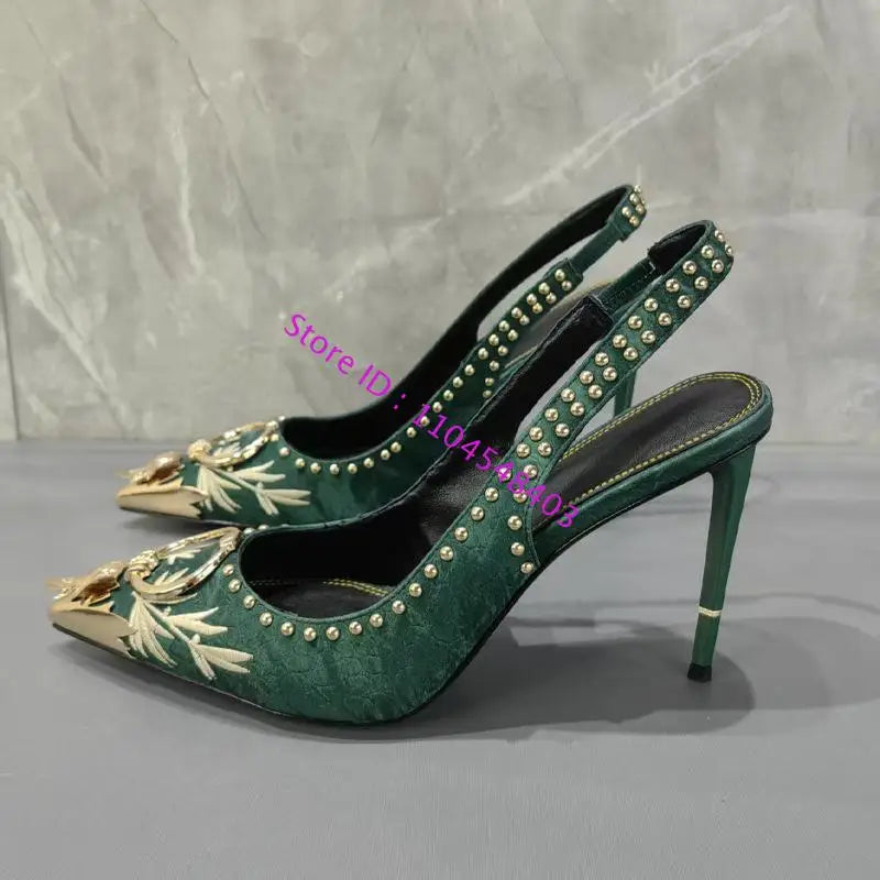Maxy New Arrive Gold Metal Toe Women High Heel Suede Slingback Sandals Design Lady High Heel Gold Rivets Sandals Plus Size 42