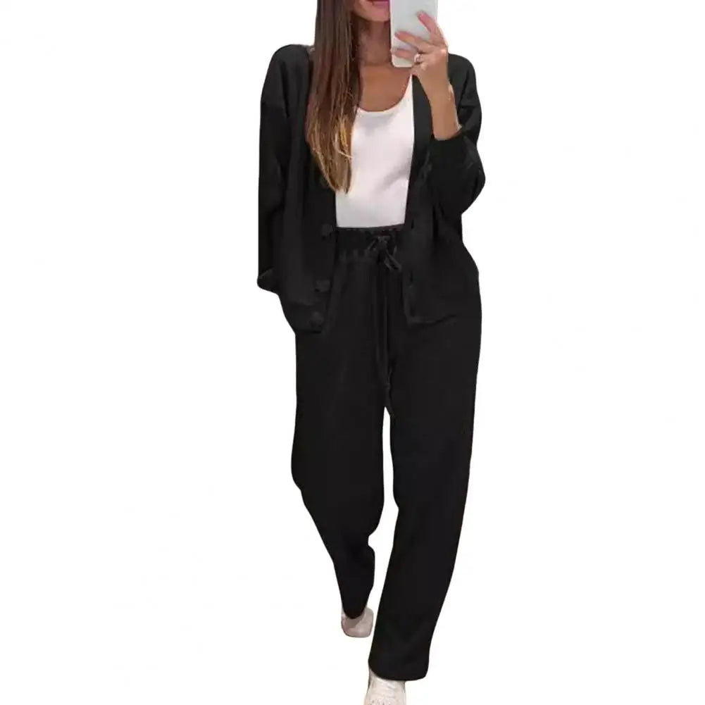 Maxy Elastic Waist Tracksuit Women Casual Two-piece Set Women's V Neck Knitted Shirt Wide Leg Trousers Set Long Sleeves for Casual