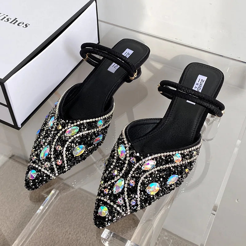 Babs Luxury Rhinestone Slippers Women Slingback Sandals Female Fashions Low Heel Flip-flops Shiny Pointed Toe Pumps Women Mule Shoes