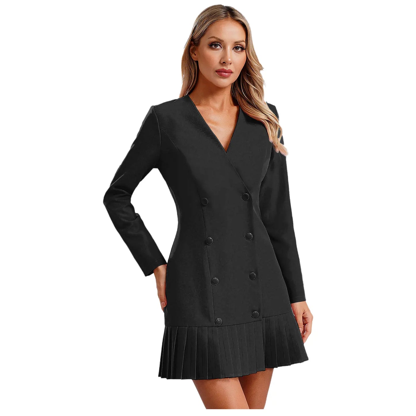 Maxy Fashion Women Blazer Dress Long Sleeve V-neck Pleated Hem Double-breasted Dress for Work Commuting Party Daily OL Formal Clothes