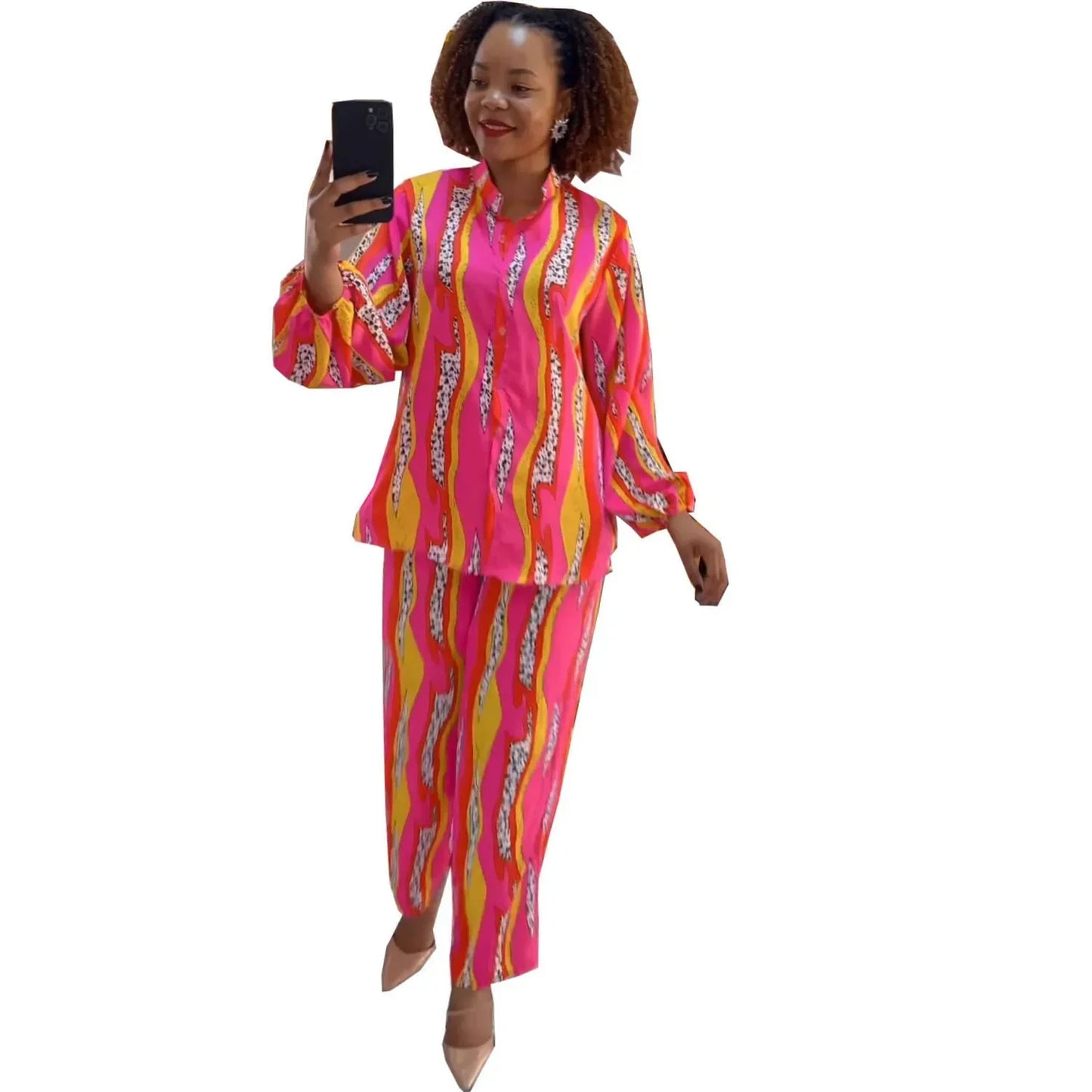 Maxy 2 Pieces Women Sets Dashiki African New Spring Autumn Matching Sets Long Sleeve Print Top Pants Suits Outfits African Clothing