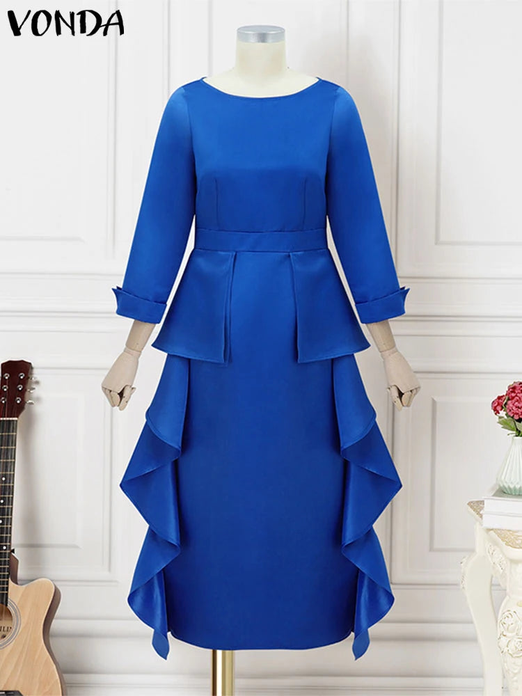 Maxy Plus Size 5XL Bohemian Long Dress Women Elegant Satin Dress Ruffle Sundress Casual Solid Color Robe