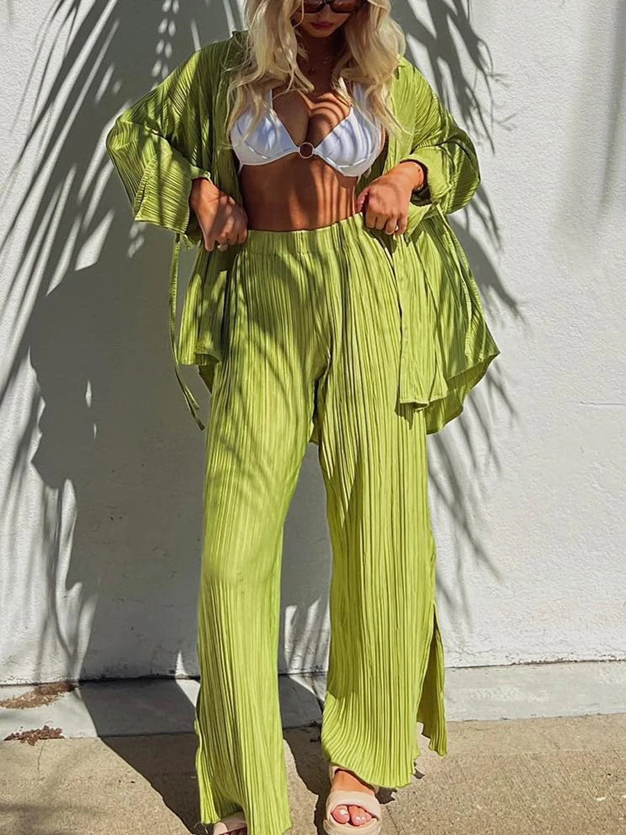 Maxy Women Pleated Pants Suits Set Casual Chic Solid Color Long Sleeve Oversized and Wide Leg Pants Trousers 2023 Elegant Tracksuit