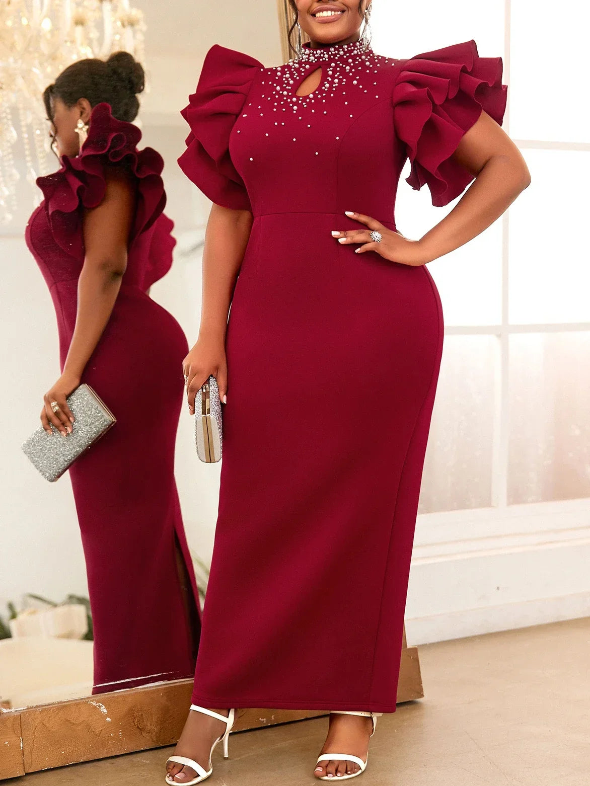 Maxy Customized Wedding Guest Dresses for Women Party Mock Neck Beads Ruffle Short Sleeve Birthday Elegant Summer Homecoming Prom Eve