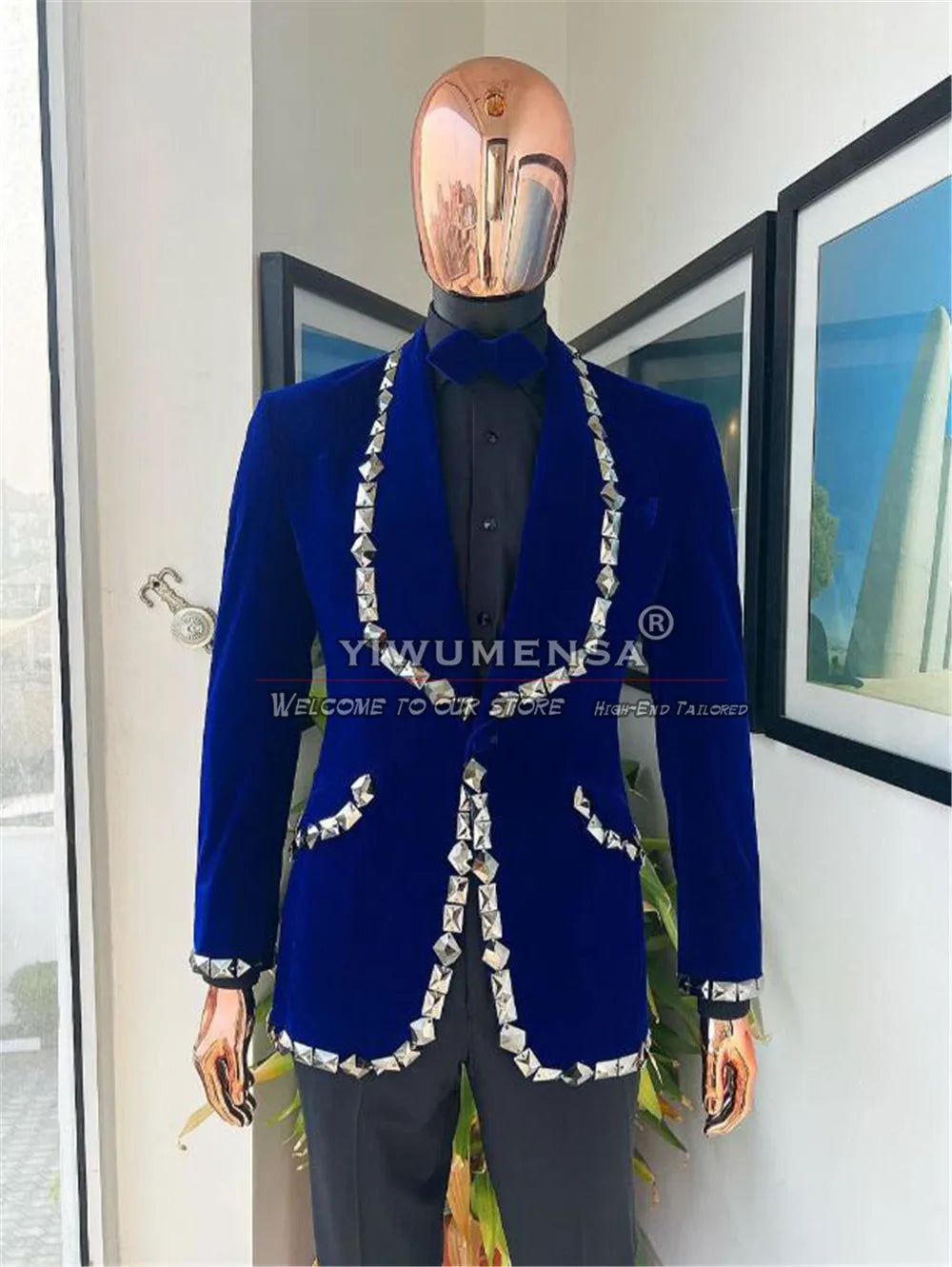 Visco Royal Blue Velvet Wedding Suits for Men Slim Fit Crystals Beaded Jacket with Black Pants 2 Pieces Set Groom Prom