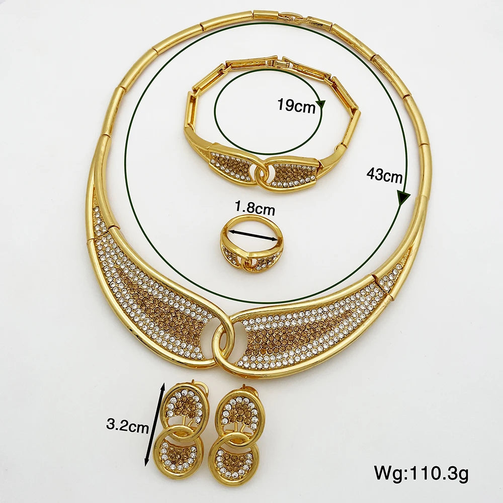 Vintage Dubai 18K Gold Plated Jewelry Sets Crescent Shape Necklace Earrings Ring Bracelet Women Set Jewelry For Wedding Party