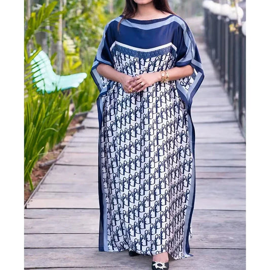 Maxy Dress Women Plus Size Geometric Print Kaftan Dress, Modest Crew Neck Short Sleeve Dress, Women's Plus Size Clothing