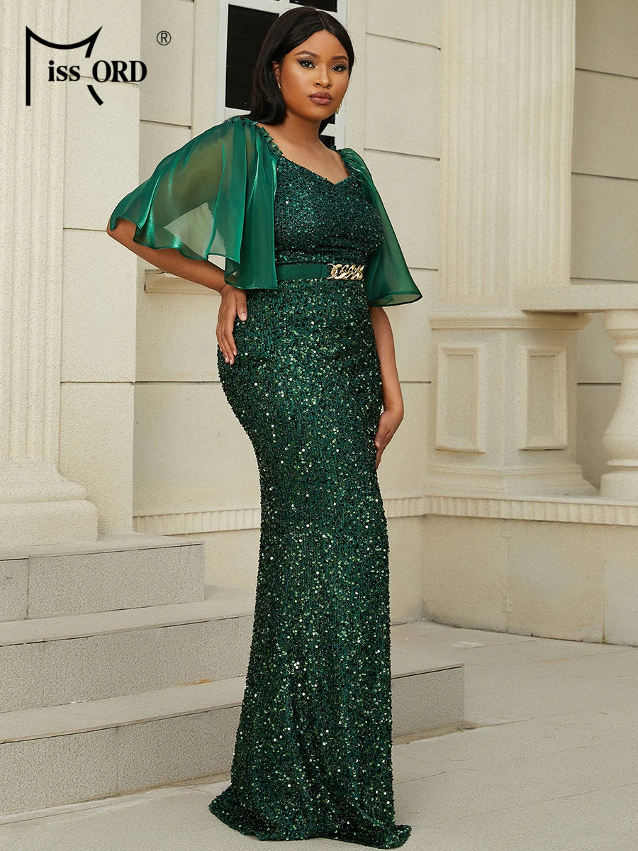 Momsey Plus Size High Waist Split Dress Sequined Evening Dress Mesh Flowy Sleeves Women's Comfortable Prom Dress