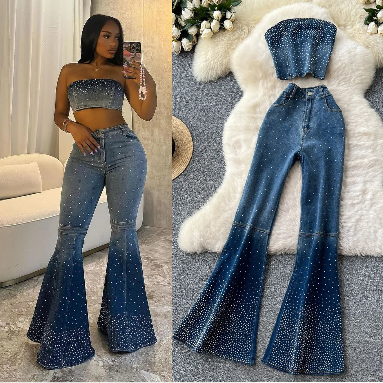 Maxy Denim Pant Set Women Two Piece Sets Sexy Matching Sets Sleeveless Short Tops Long Flare Pants High Waist Slim Hot Diamond