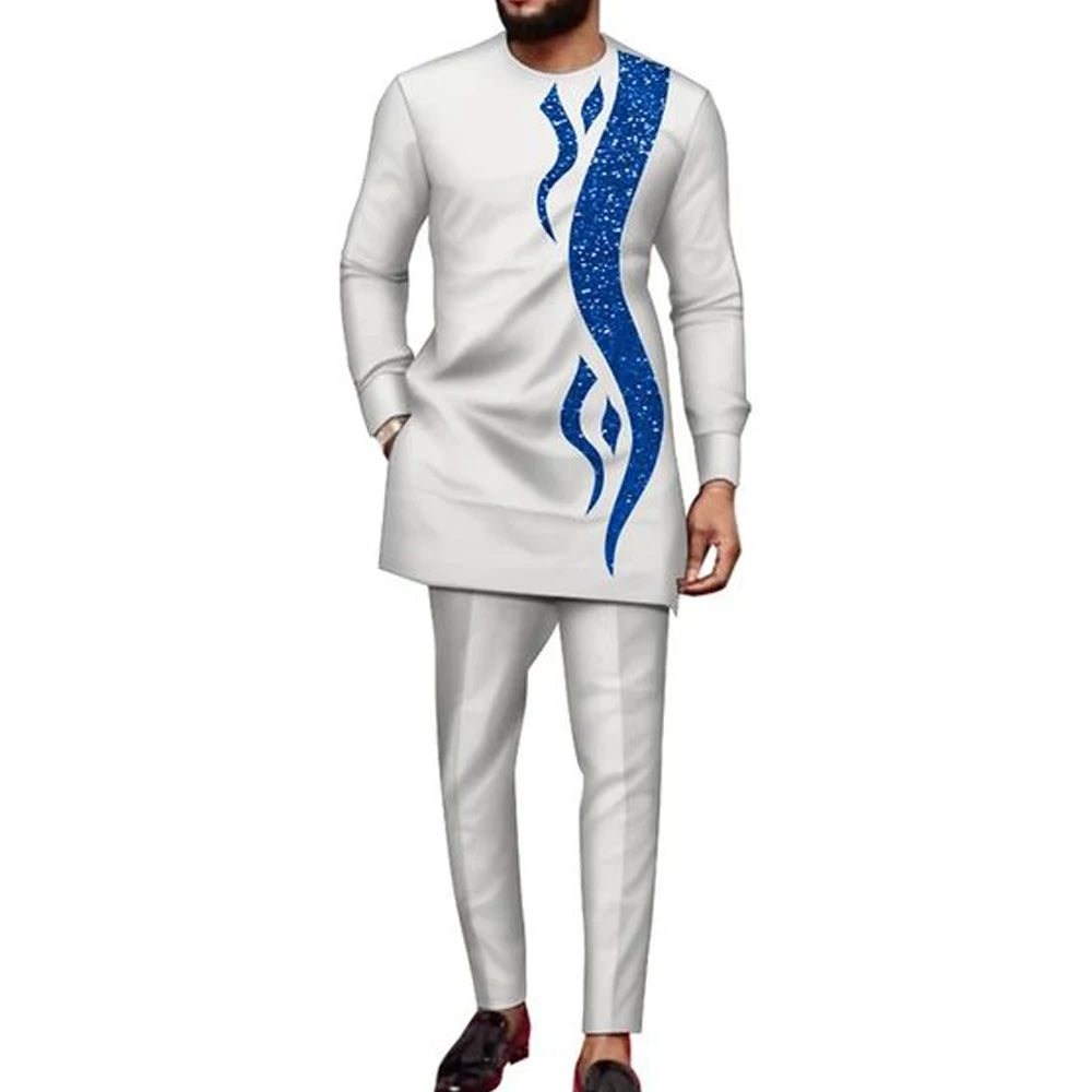Amay New Kaunda Men's Set Fashionable and Elegant Men's Wedding Set Round Neck Long Sleeve Embroidered Men's Full Set Suit