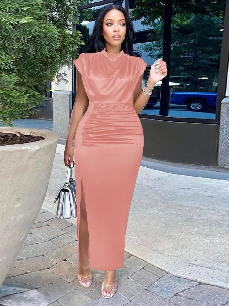 Women Dress Pleated Long Wine Red Elegant Slit High Collar Slim Fit Sleeveless Maxi Robes Female Shiny Gowns Party 2023 Spring