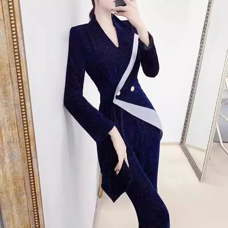 Maxy Blue Golden Velvet Suit Set Women 2024 New Spring Autumn Season High End Temperament Casual Small Blazer Foreigner Pants Career