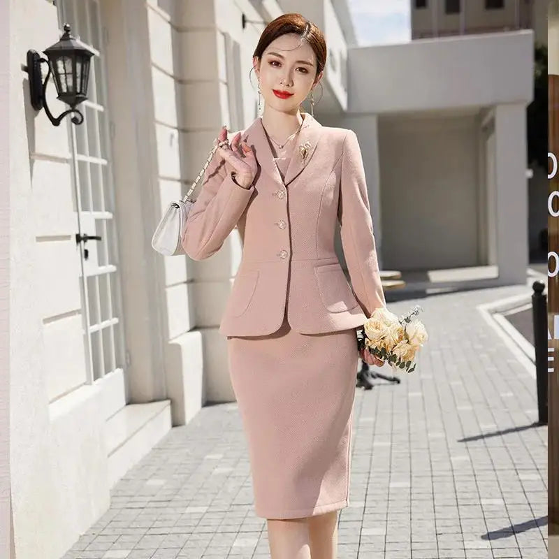 Maxy New Autumn Work Wear Women's Suit Elegant Solid Blazer +Sleeveless Dress 2 Piece Set Single Breasted Jacket Plus Size S-5XL