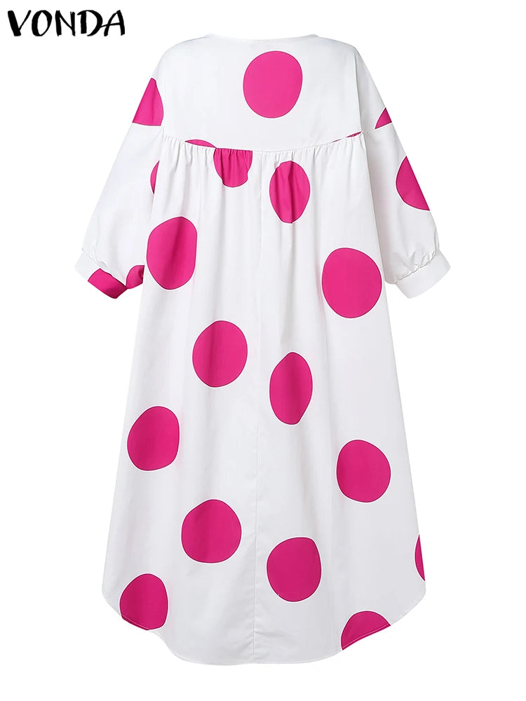Maxy Plus Size Women Dot Printed Dress Bohemian Sundress Three Quarter Summer Party Vestidos Bat-wing Sleeve Casual Robe