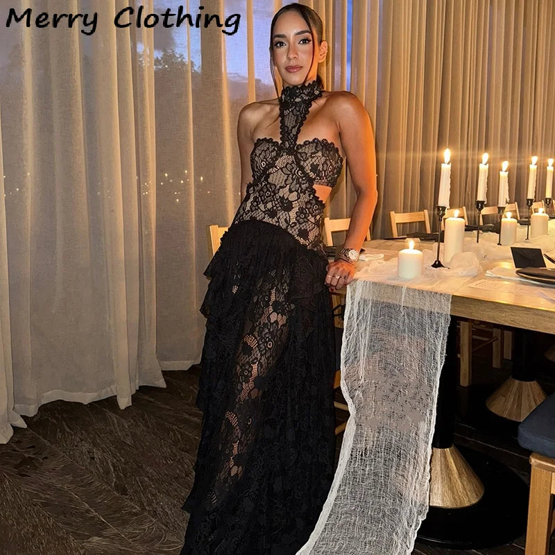 Maxy Sexy Lace Patchwork Dress Women Hollow Out Sleeveless Party Club Long Skirt See Through Halter Evening Gown Vacation Lady Robes