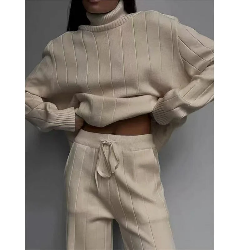 Maxy REALEFT Autumn Winter 2 Pieces Women's Sets Knitted Tracksuit Turtleneck Sweater and Straight Jogging Pant Suits Outfits