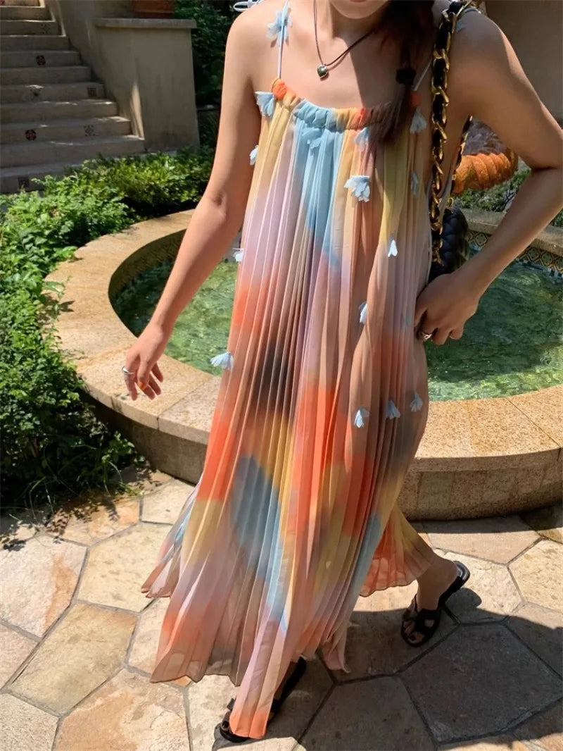 Maxy Colorful Tie Dye Women Dress Bodycon Pleated Sleeveless Holiday Part Women Clothing Spaghetti Strapped Rainbow dress