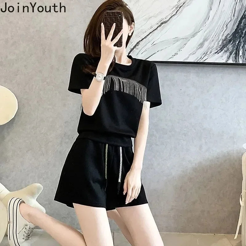 Maxy Tracksuit Two Piece Set Women Short Sleeve Hollow Out Tassel Tshirts Chic Casual Shorts Outfits Summer Sets Roupas Femme