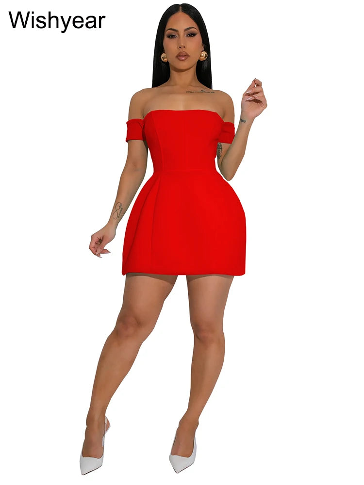 Maxy Wish year Solid Off Shoulder Backless Sleeveless A-Line Mini Dresses Elegant Sexy Bodycon Evening Party Birthday Prom