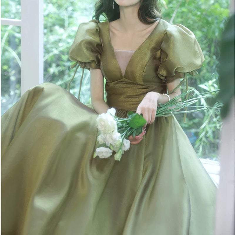 Maxy Summer Banquet Evening Dress Skirt Female Green Black Puff Sleeve Waist Elegant French Court Style Long Dress New Style