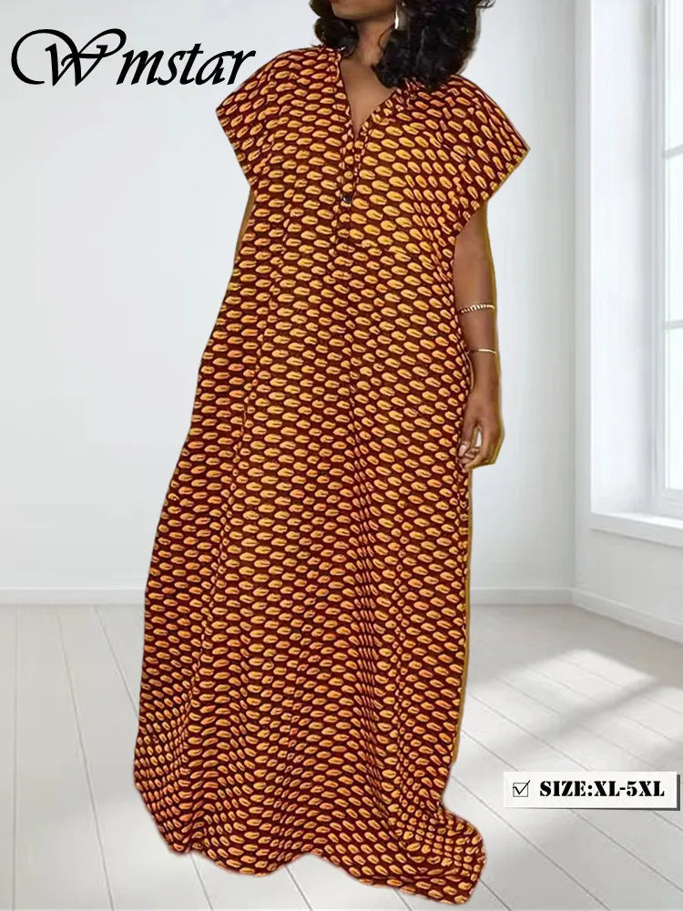 Amay Wmstar Dresses for Women V Neck Clothes Plus Size Printed Elegant Loose Fashion Maxy Dress New in Summer
