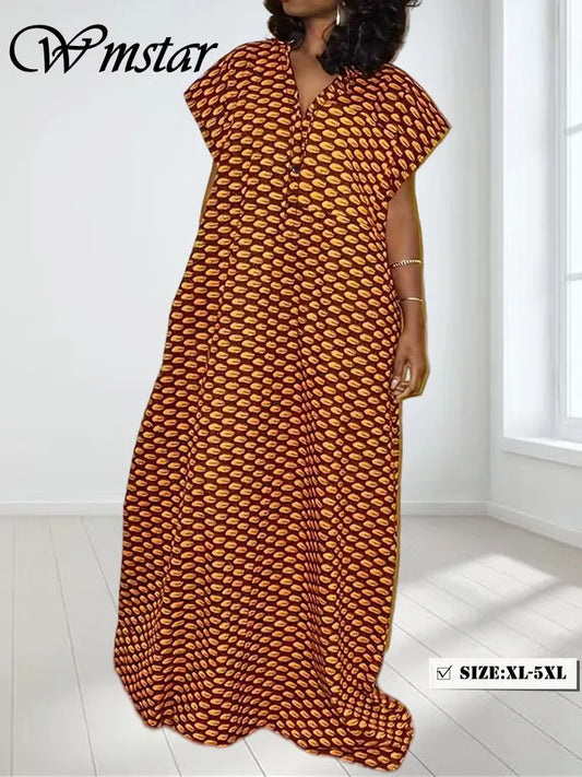 Amay Wmstar Dresses for Women V Neck Clothes Plus Size Printed Elegant Loose Fashion Maxy Dress New in Summer
