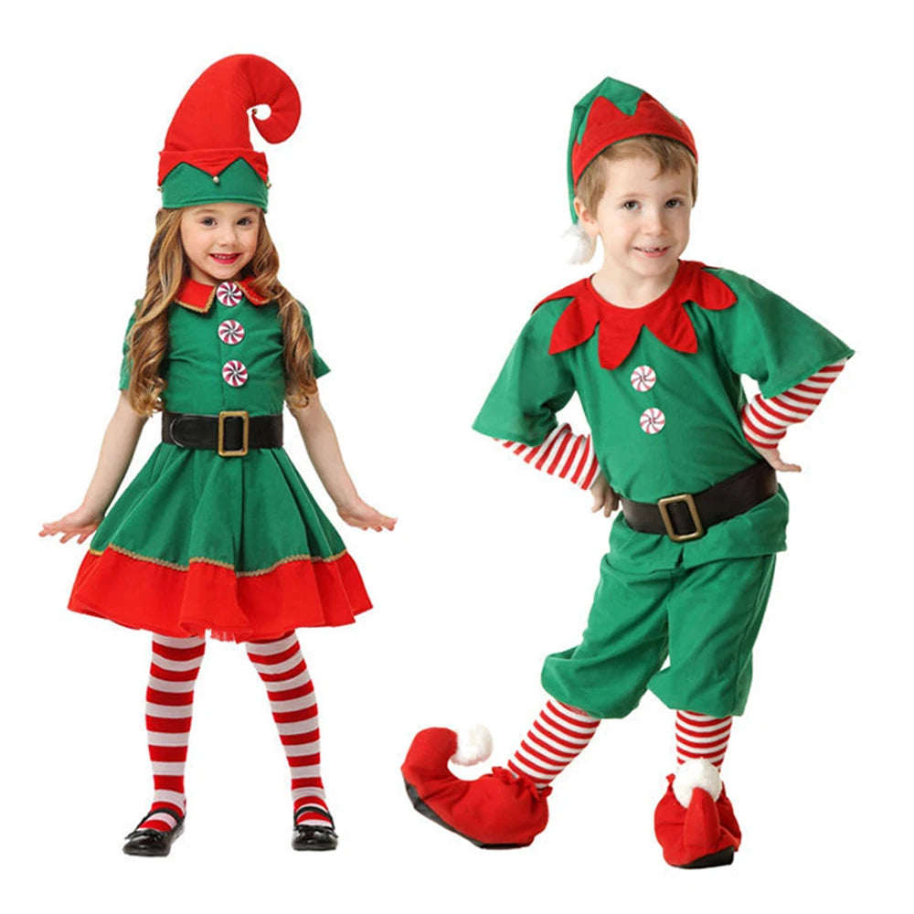 Max Christmas Santa Claus Costume Green Elf Cosplay Family Carnival Party New Year Fancy Dress Clothes Set For  Girls Boys