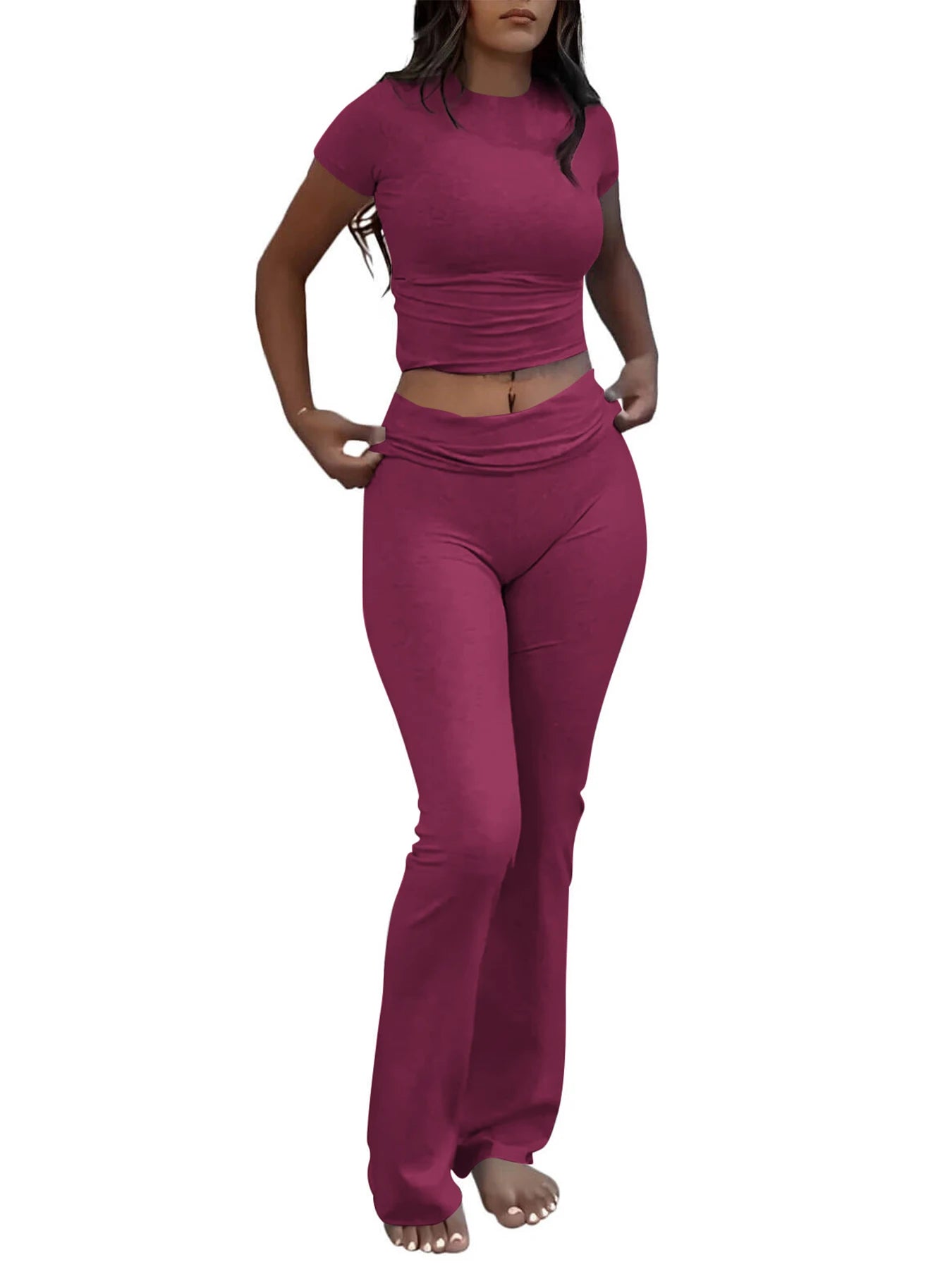 Maxy Casual Workout Two Piece Outfits for Women Short Sleeve Crop High Waist Foldover Flare Pants Tracksuit Sets Streetwear
