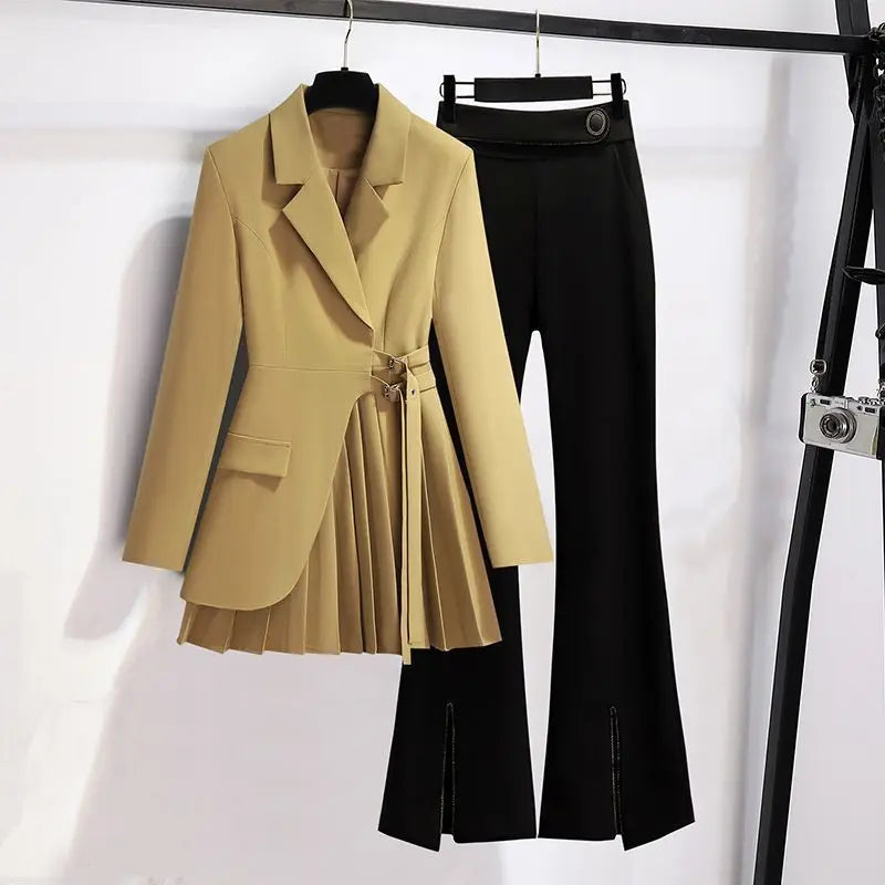 Two Piece Sets Womens Outfits Roupas Femme Temperament Pleated Tailored Coat Tunic Aplit Flare Pants Suit Fashion Korean Set