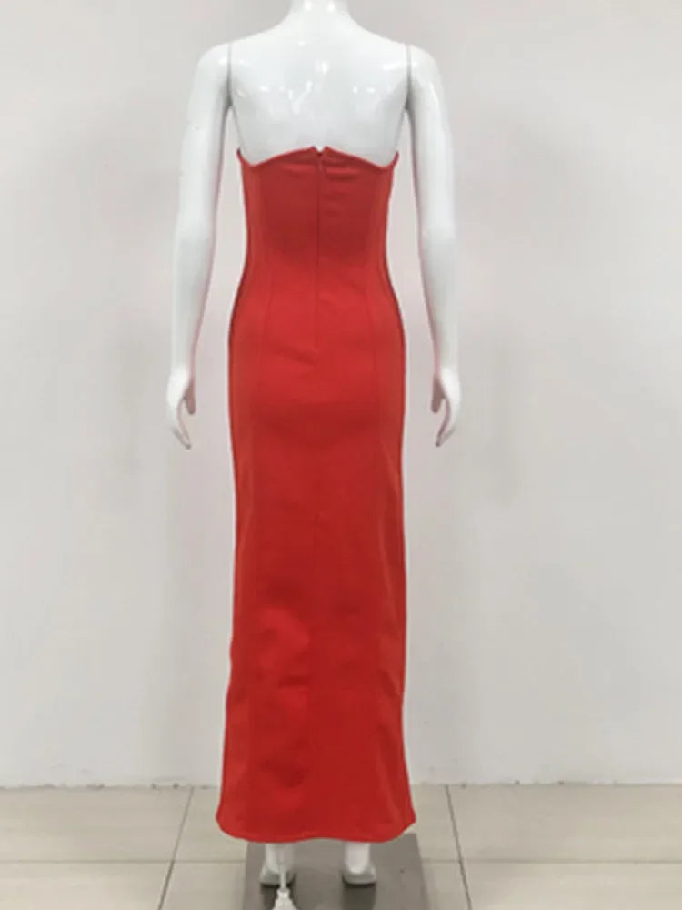 Women Red Runway Fashion Party Dress Strapless Cut Out Split Ankle Length Celebrity Evening Club Gowns One Piece Gala Dresses