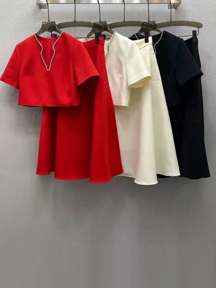 Maxy  Temperament spring new nail drill V-neck short-sleeved blouse+high waist A-shaped skirt elegant female two-piece suit