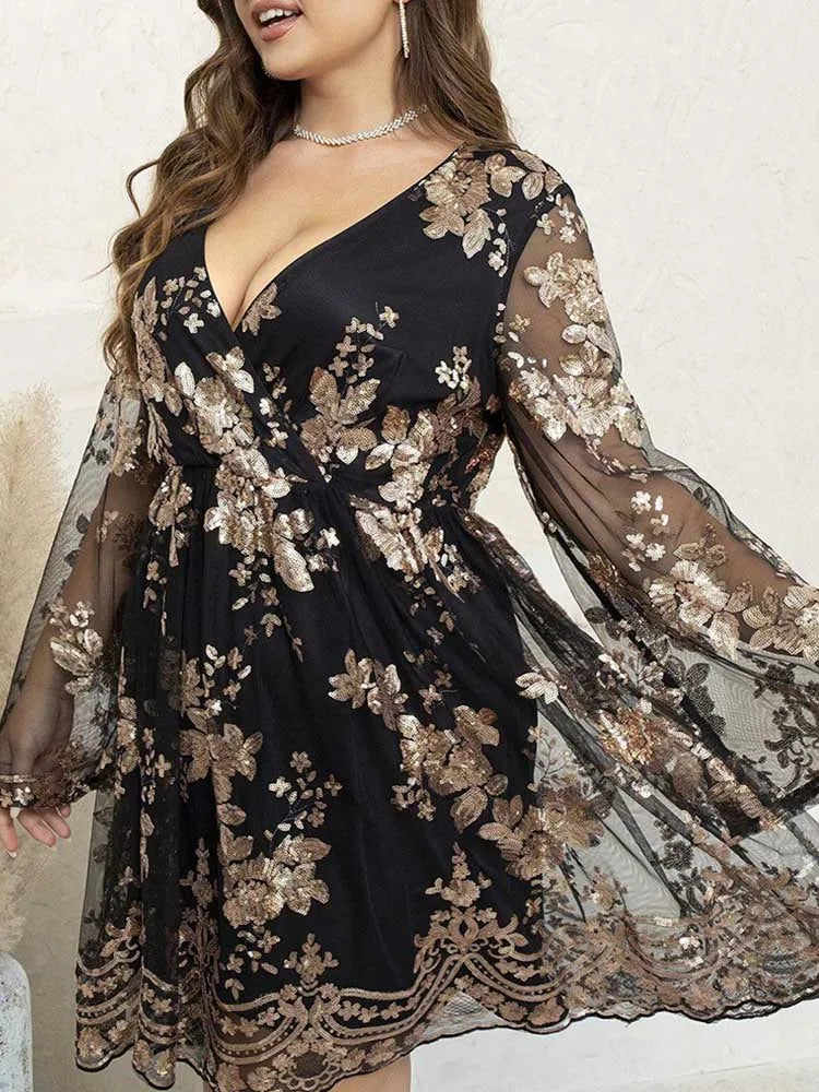 Maxy Women Classy Elegant Evening Dress with Transparent Mesh Sleeves Plus Size Ladies Short Evening Dresses Sexy Date Night Dress
