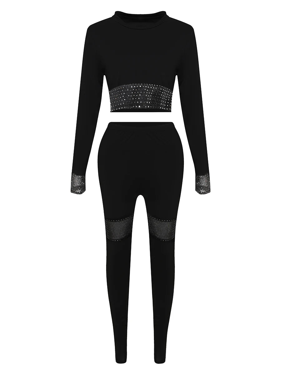 Maxy Plus Size Two Pieces Set Crop Top See Through Sequined Pants Set Autumn New Fashion Women's Long Sleeve Top Skinny Pants Set