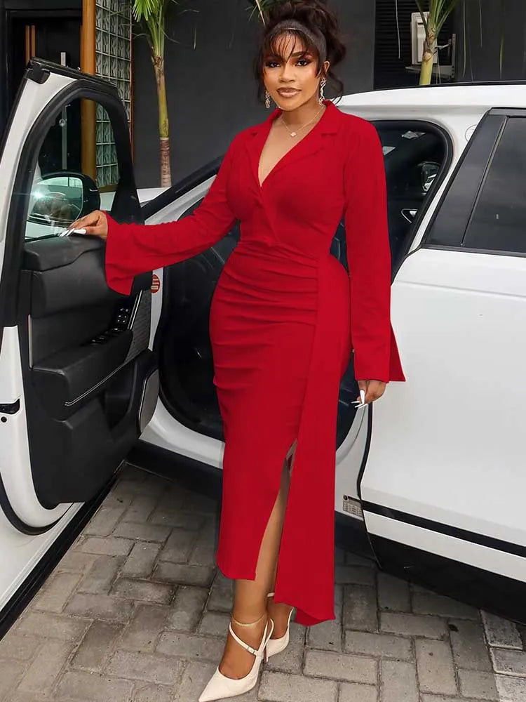 Maxy Plus Size Chubby Dress Curvy Women Solid Color Luxurious Slimming Evening Dresses V Neck Blazer Collar Long Sleeve Elegant Dress