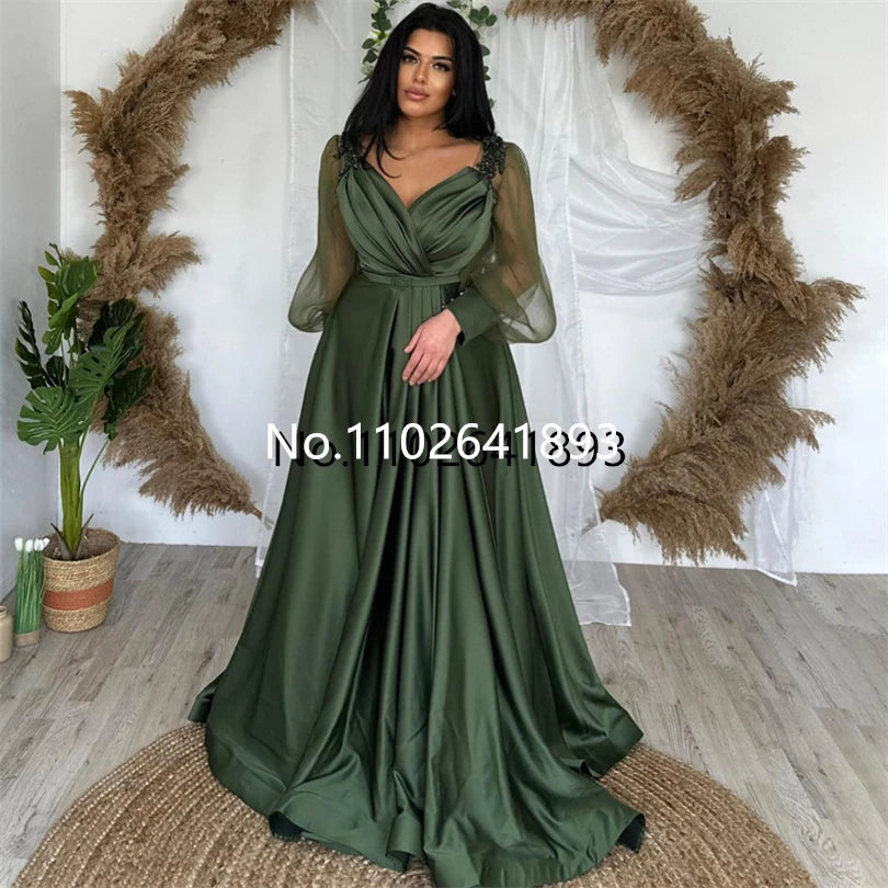 Amay Nersesyan Vintage Green A Line Satin Formal Evening Dress V Neck Puff Full Sleeves Tulle Prom Gowns Appliques Pleats Party Gown