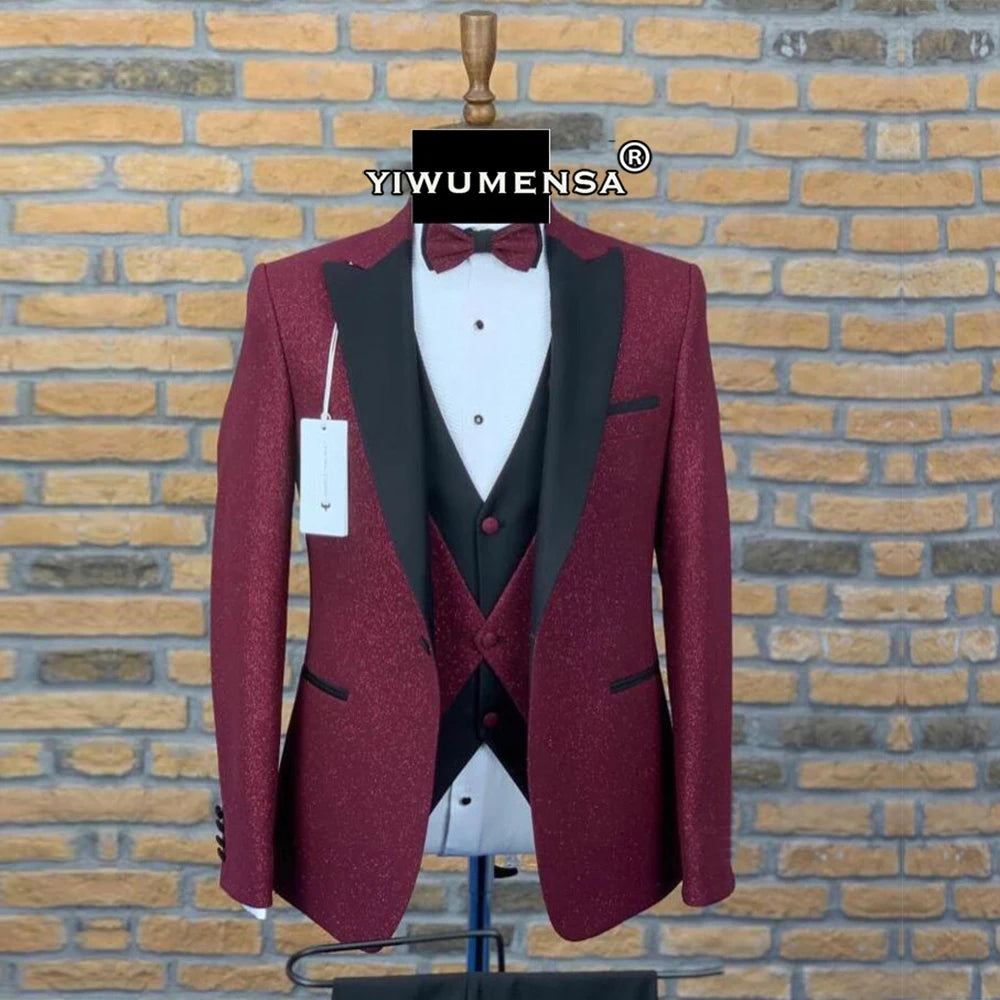 Maxy Spring/Autumn Suits Men Slim Fit Glitter Jacket+Vest+Pants 3 Pieces Formal Bridegrooms Wedding Tuxedo Costume Homme Blazers.