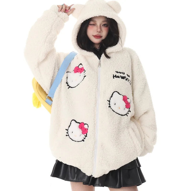 Maxy Hello Kitty Zip Hoodie Girl Loose Cardigan Coat Streetwear Women Clothes Oversized Sweatshirt Cardigan Plush Jacket Sweater