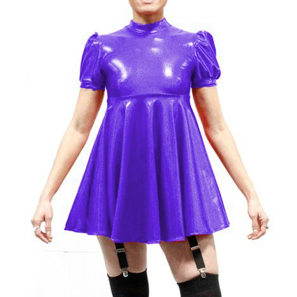 Maxy Plus Size Latex-look Mini Dresses Fashion Mock Neck Pleated A-Line Sissy Dress Rave Party Swing Short Dresses Male PVC Vestidos