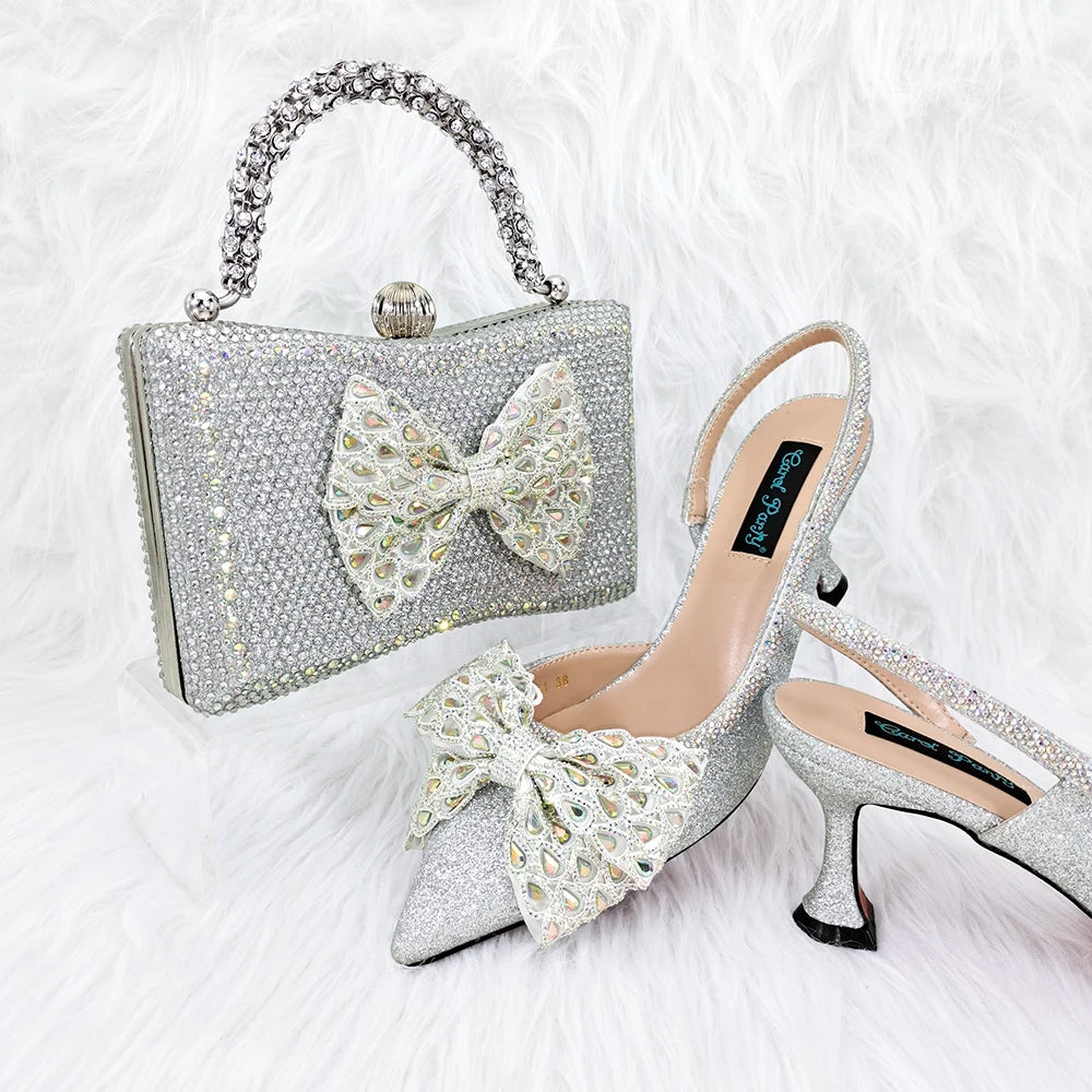 Maxy Doer show Italian green Shoes and Bag Sets for Evening Party With Stones Italian Leather Handbags Match Bags! HFG1-13