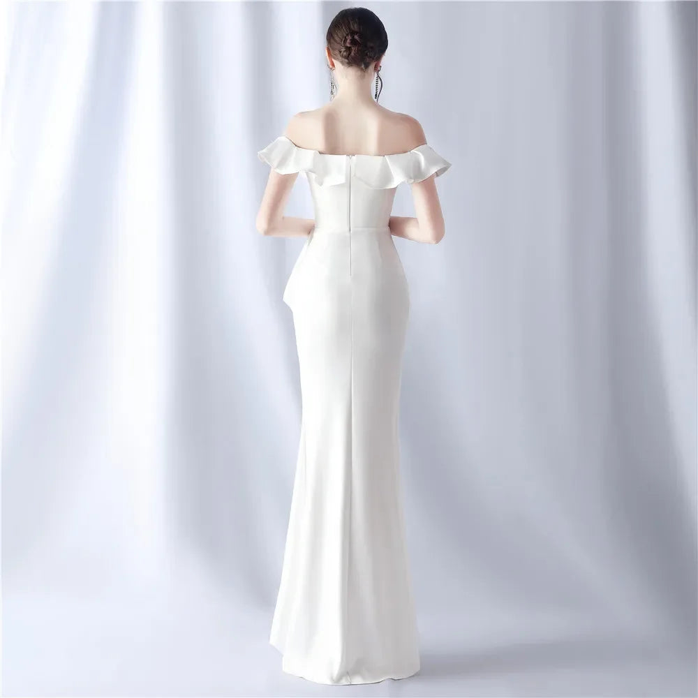 Maxy Evening Dresses White Stretchy Off the Shoulder Ruffles Zipper Back Mermaid Trumpet Floor Length Women Party Formal Gowns YE037