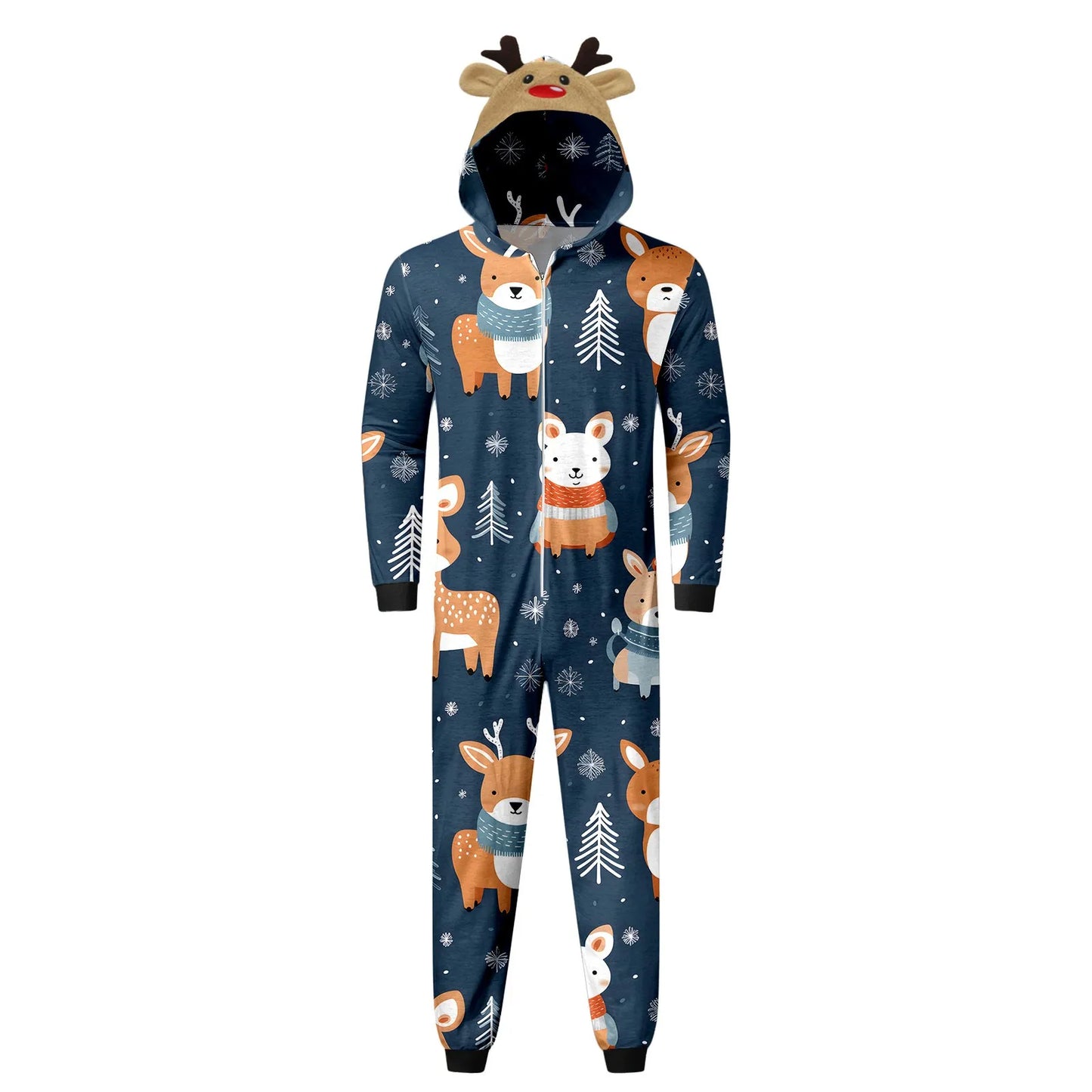 Christmas Long Sleeve Cute Deer Head Men Hoodie Jumpsuit Soft Zipper Romper Sleepwear Holiday Family Matching Pajama Set Family