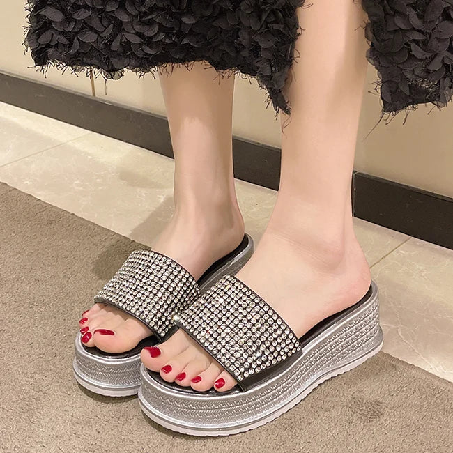 Babs rhinestone slippers Sequined High-heeled One-word Slippers Women Summer Outer Wear Platform Beach Comfort Sandals slippers women