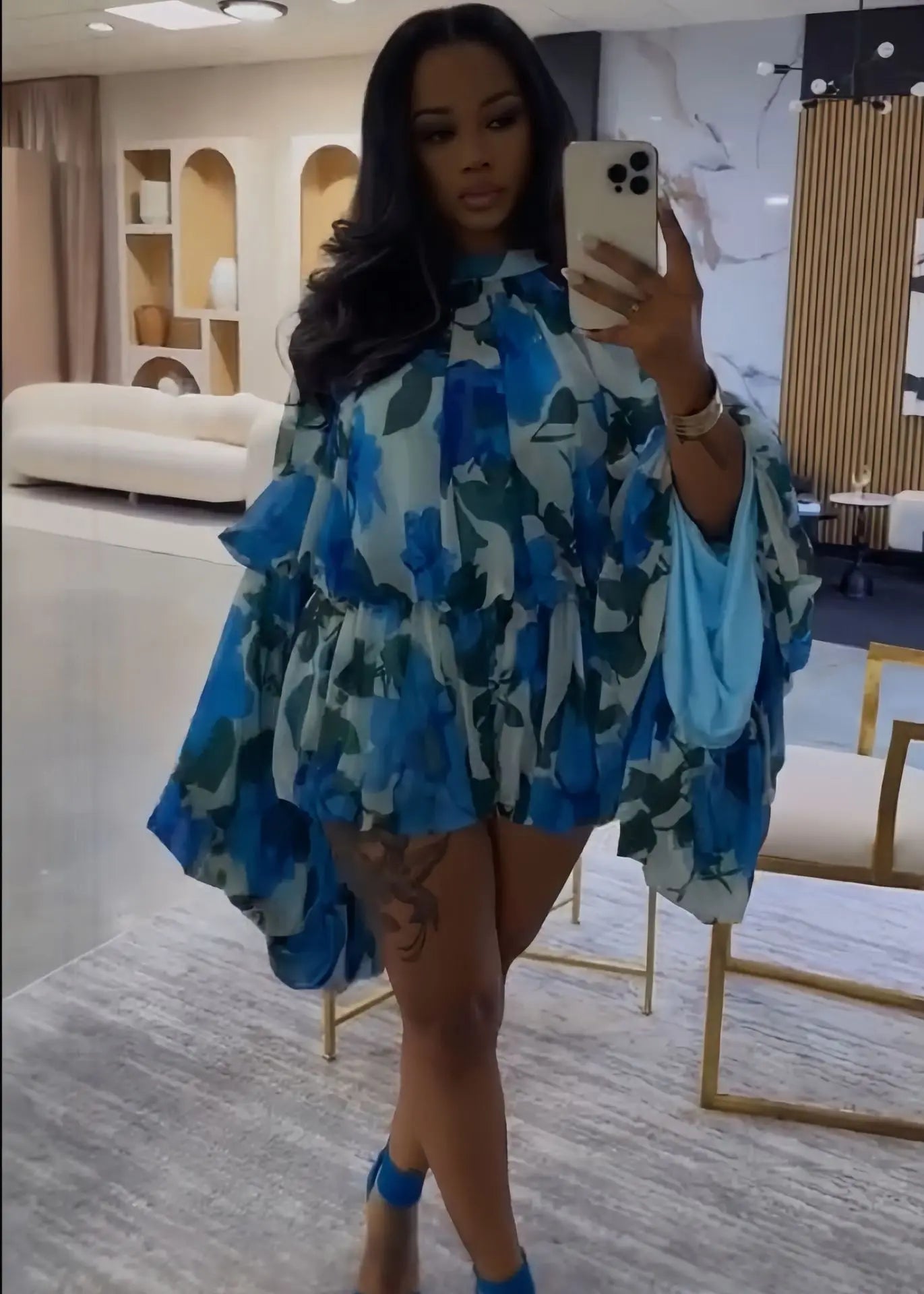 Maxy Women Floral Printed Lantern Long Sleeve Blouses Tops and Mini Skirt Suits Fall Beach Party Two Piece Set Outfits