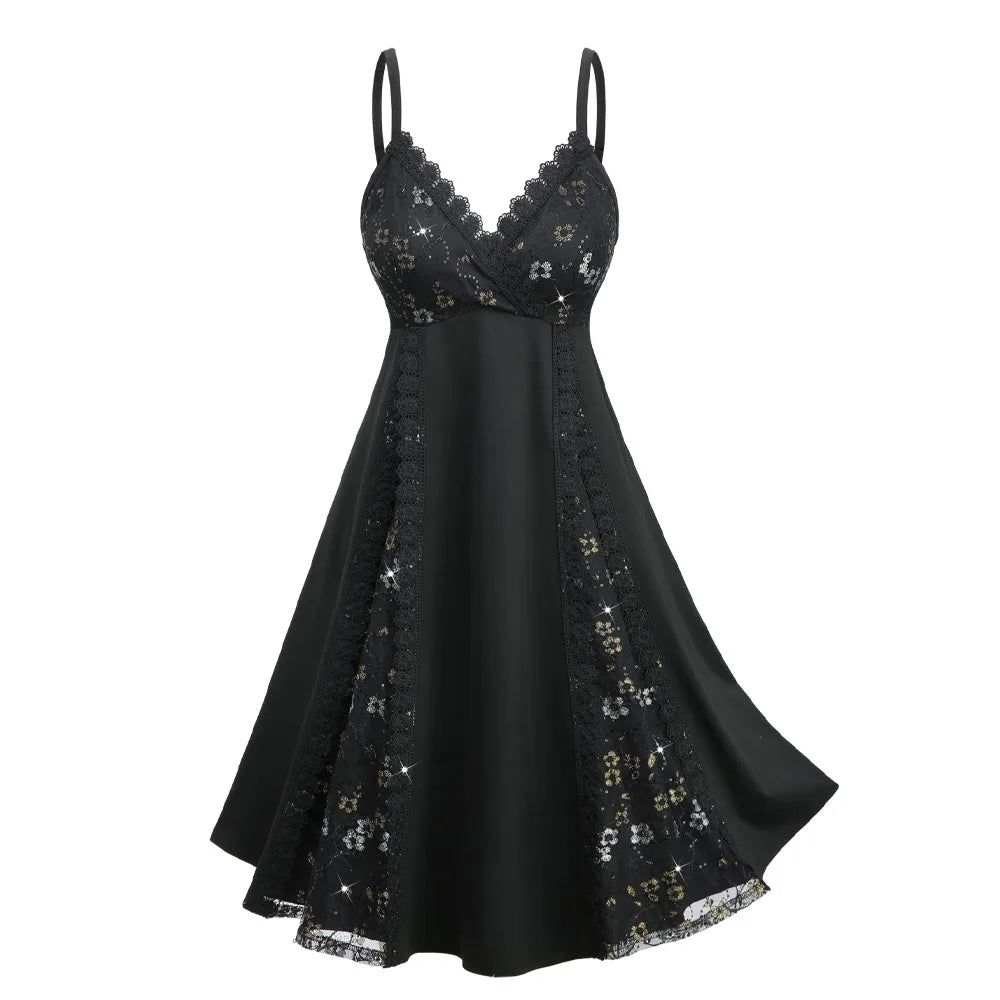 Maxy ROSEGAL Plus Size Gilding Floral Lace Sequins Patchwork Surplice Cami Dress Women's Black Sleeveless Elegant Evening Party Dress